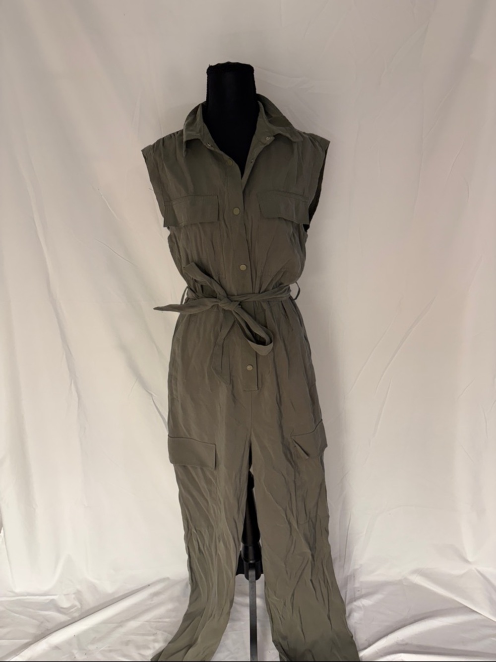 Sleeveless Olive Utility Jumpsuit with Belt